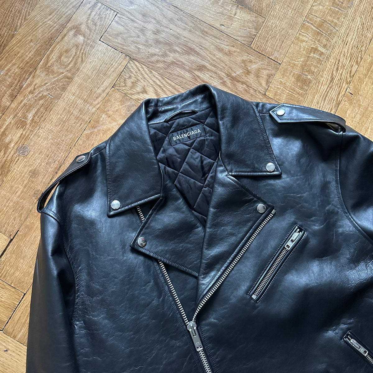 Balenciaga FW19 Black Campaign Logo Biker Leather Jacket