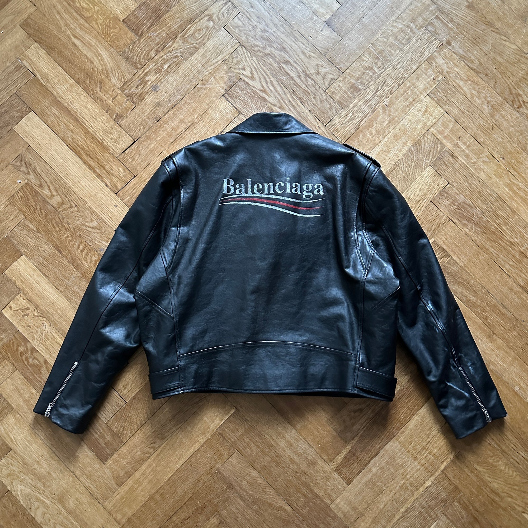 Balenciaga FW19 Black Campaign Logo Biker Leather Jacket