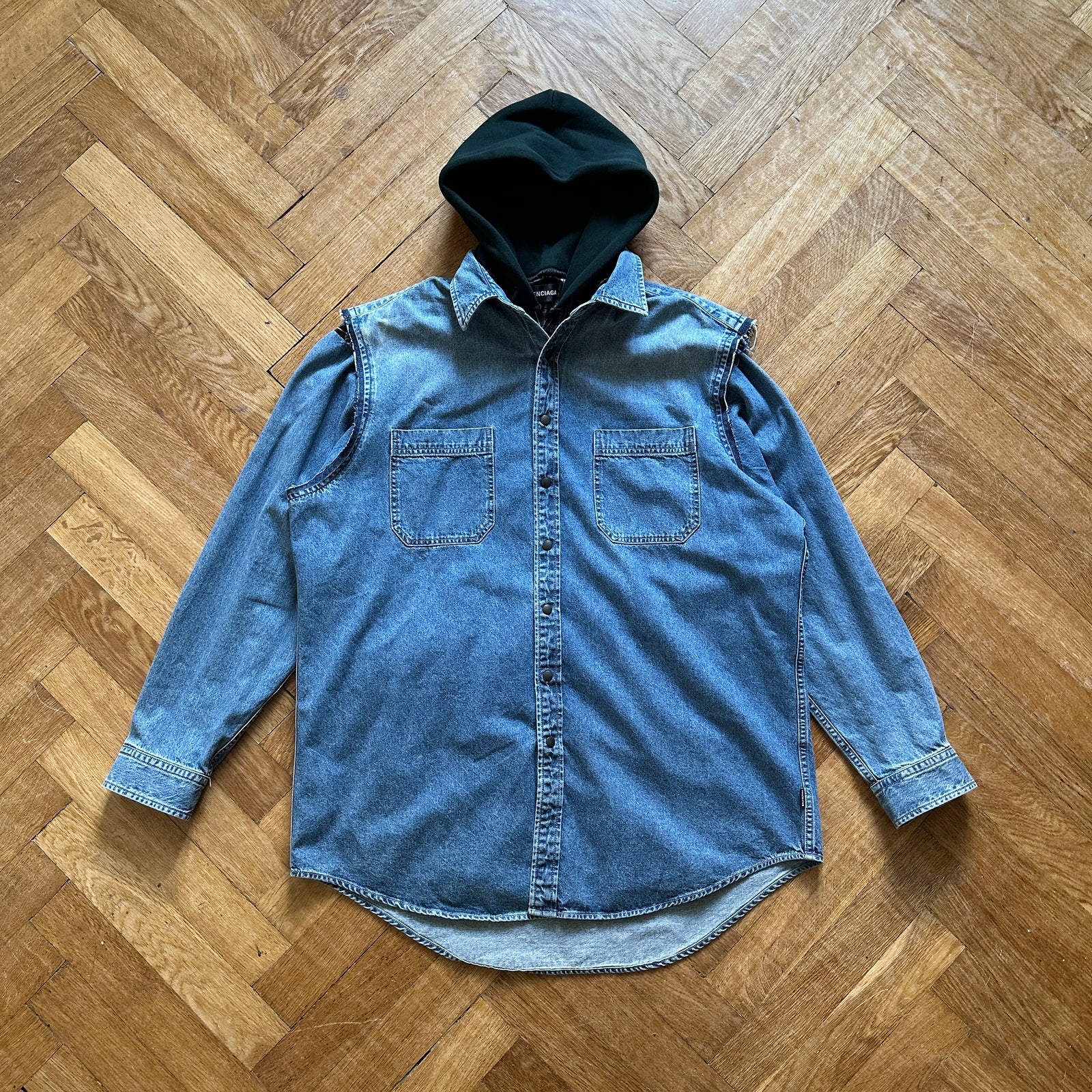 Balenciaga FW18 Patchwork Layered Hooded Plaid Denim Shirt