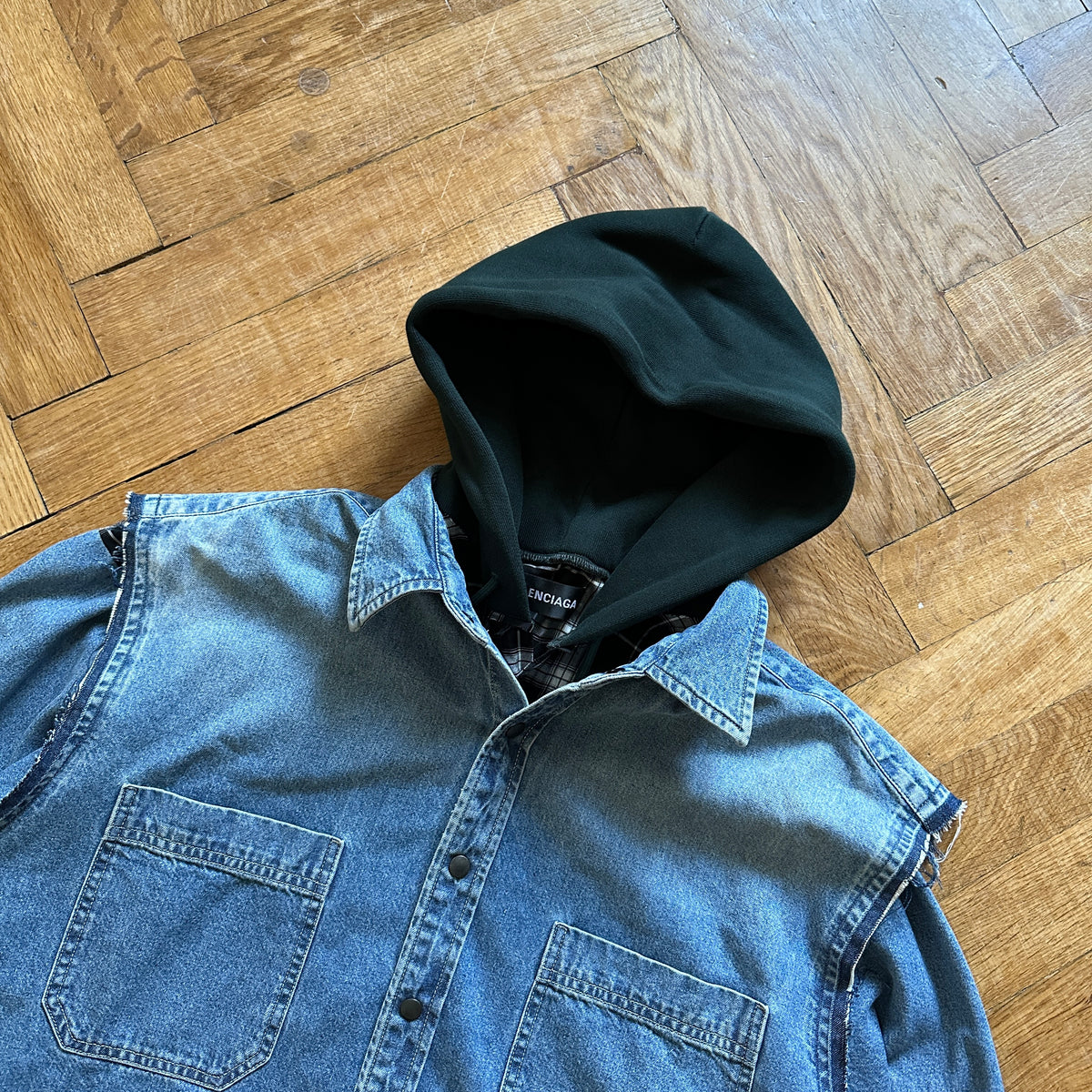 Balenciaga FW18 Patchwork Layered Hooded Plaid Denim Shirt