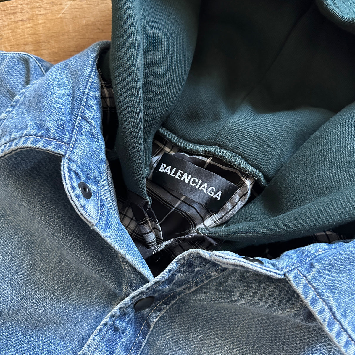 Balenciaga FW18 Patchwork Layered Hooded Plaid Denim Shirt