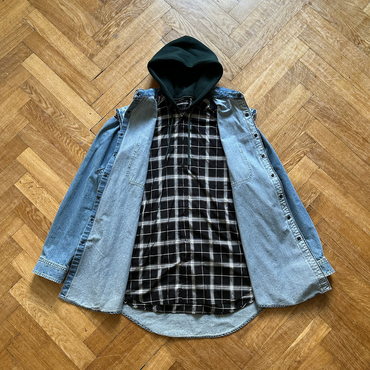Balenciaga FW18 Patchwork Layered Hooded Plaid Denim Shirt