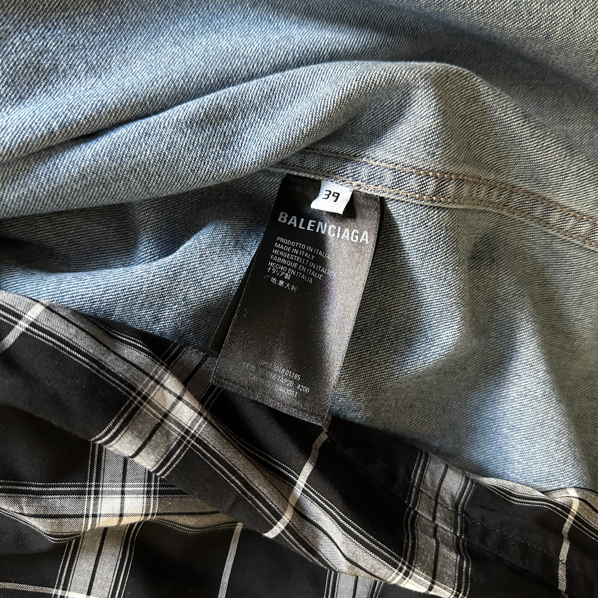 Balenciaga FW18 Patchwork Layered Hooded Plaid Denim Shirt