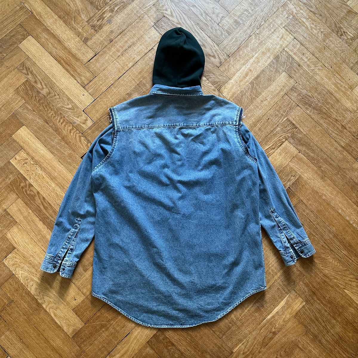 Balenciaga FW18 Patchwork Layered Hooded Plaid Denim Shirt