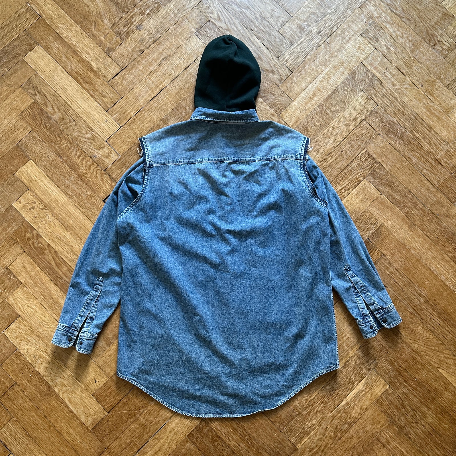 Balenciaga FW18 Patchwork Layered Hooded Plaid Denim Shirt