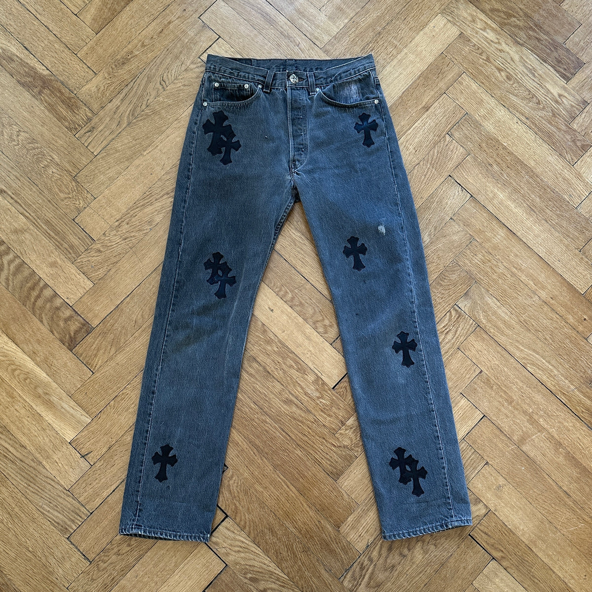 Chrome Hearts Levis 501 Grey Cross Patch Denim