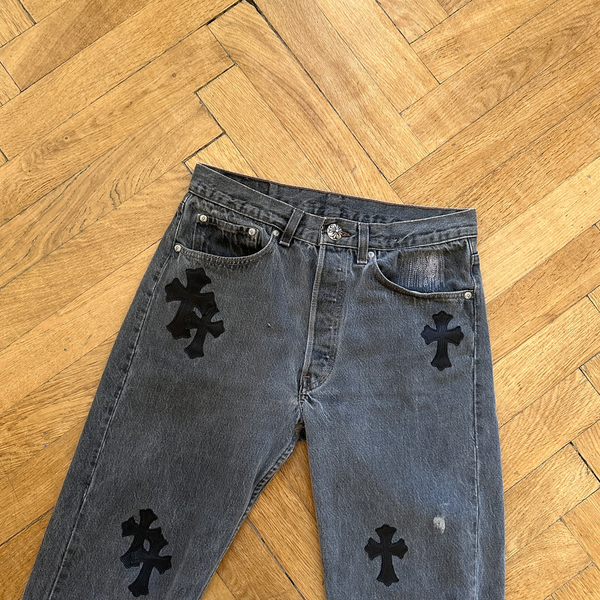 Chrome Hearts Levis 501 Grey Cross Patch Denim