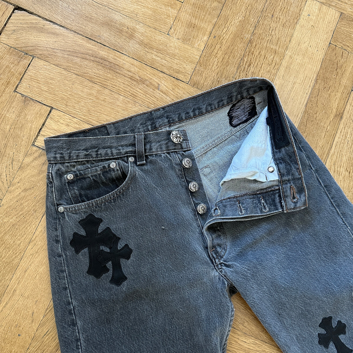 Chrome Hearts Levis 501 Grey Cross Patch Denim