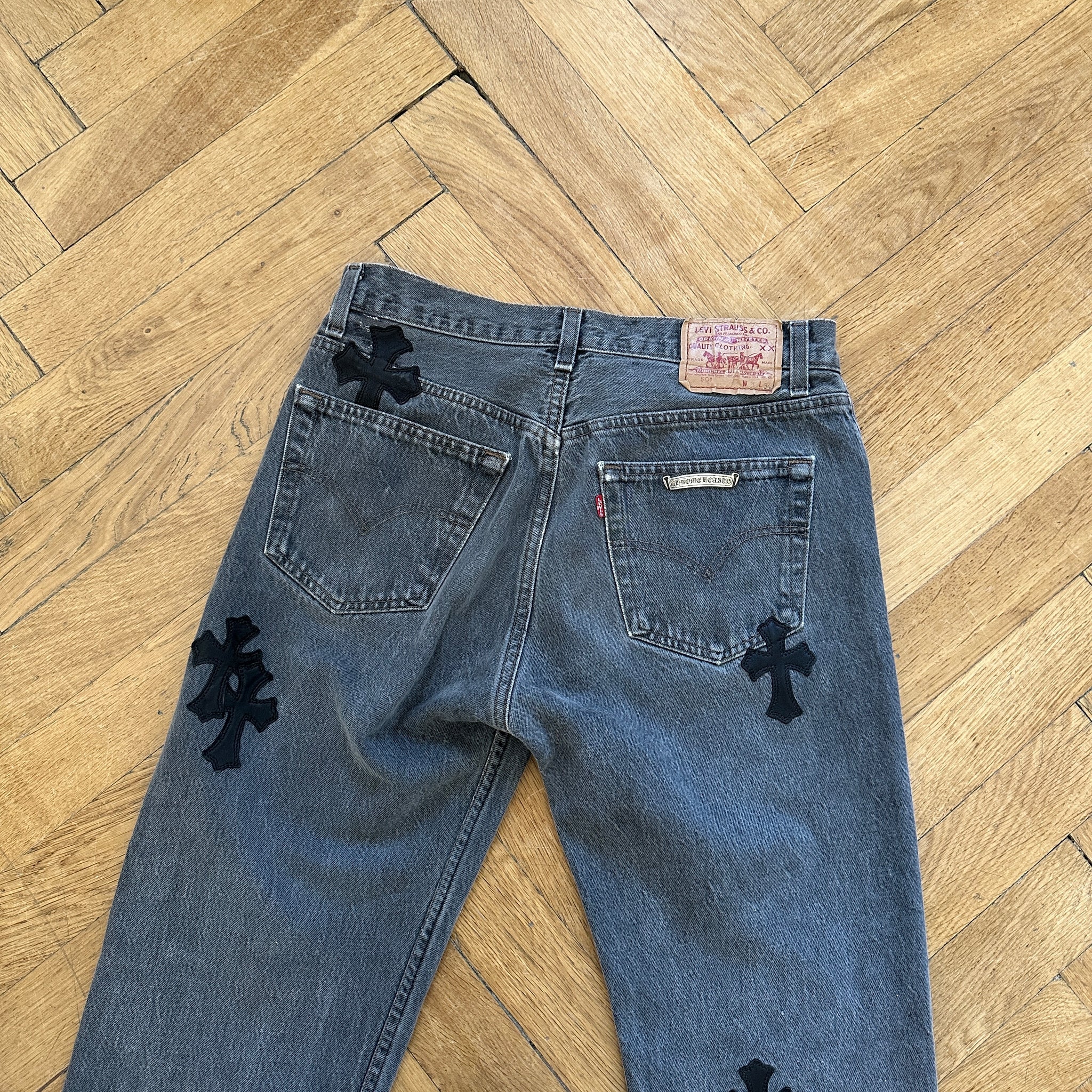 Blue Denim Jeans With Cross Patches