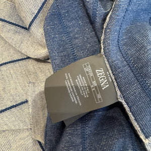 Ākaibu Store blue and grey striped 100% cashmere knit shirt with Zegna label.
