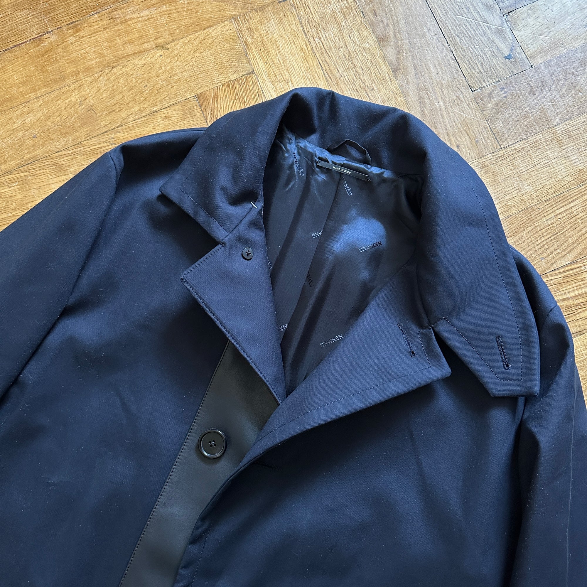 Hermès FW21 Navy Leather Trimmed Coat