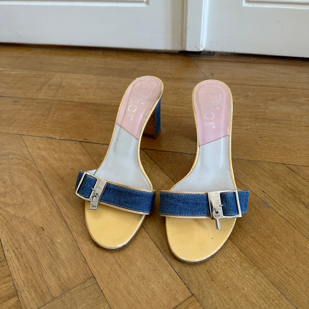 Christian Dior by John Galliano Denim Key Lock Heeled Mules