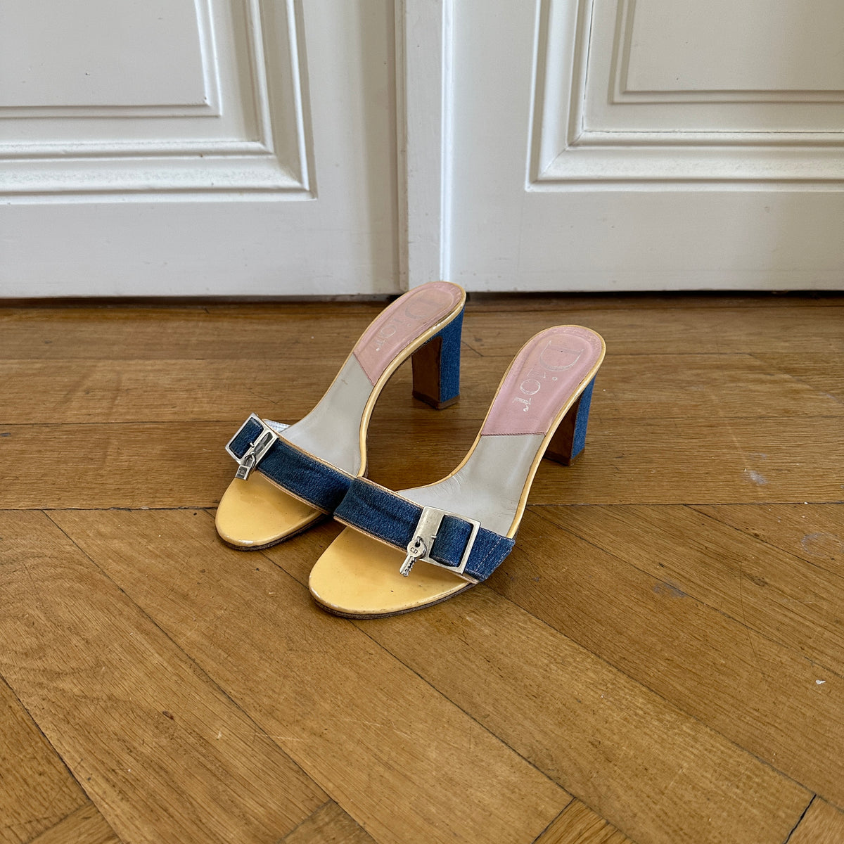 Christian Dior by John Galliano Denim Key Lock Heeled Mules