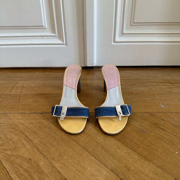 Christian Dior by John Galliano Denim Key Lock Heeled Mules