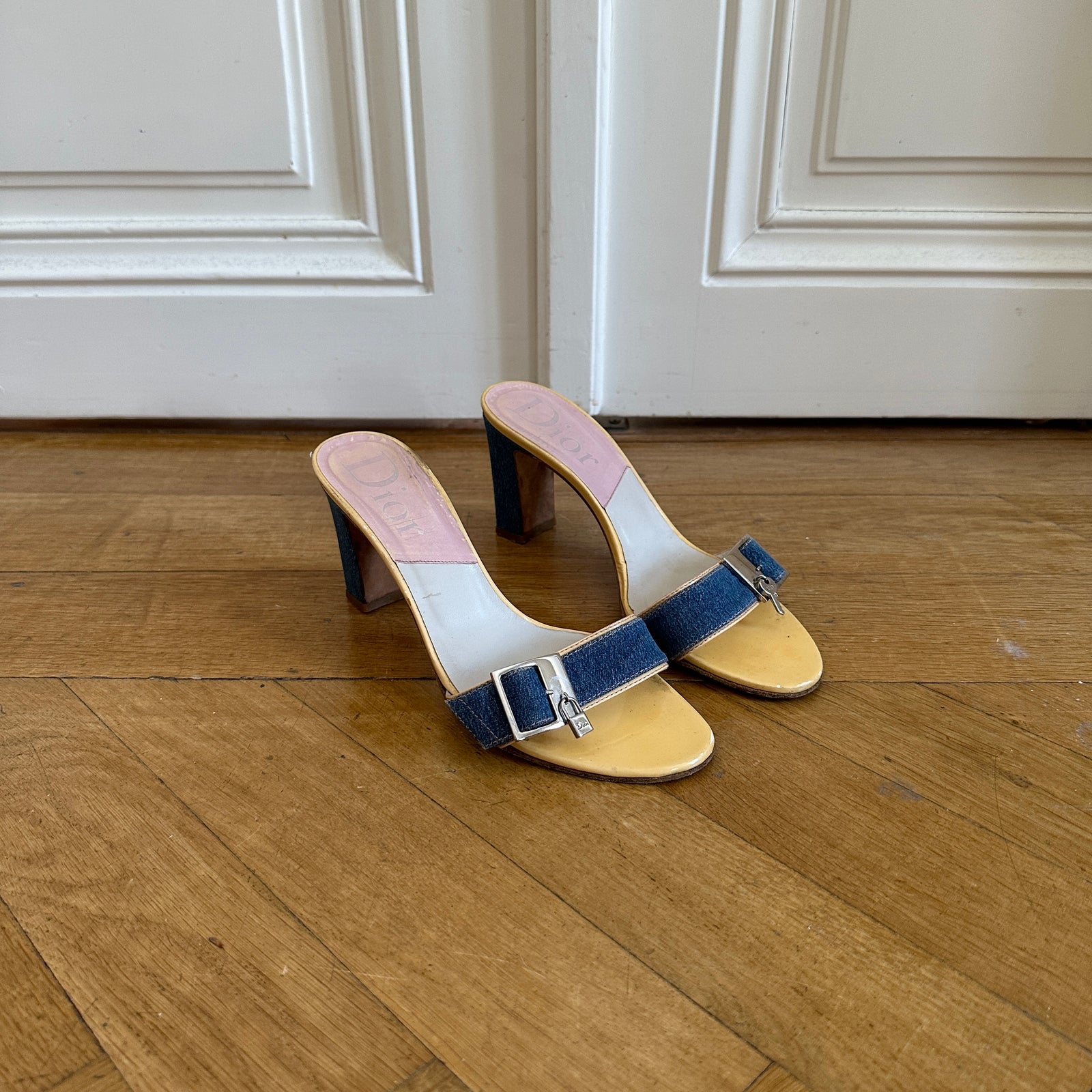 Christian Dior by John Galliano Denim Key Lock Heeled Mules