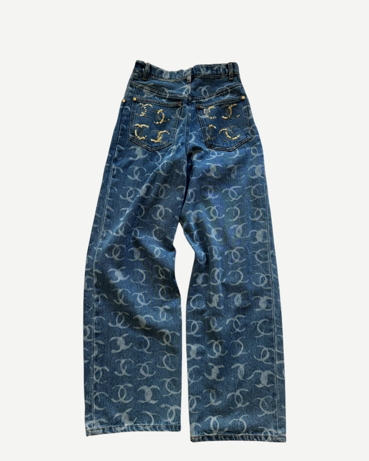 Chanel Pre SS24 Sequined Logomania Bleached Washed Wide Denim