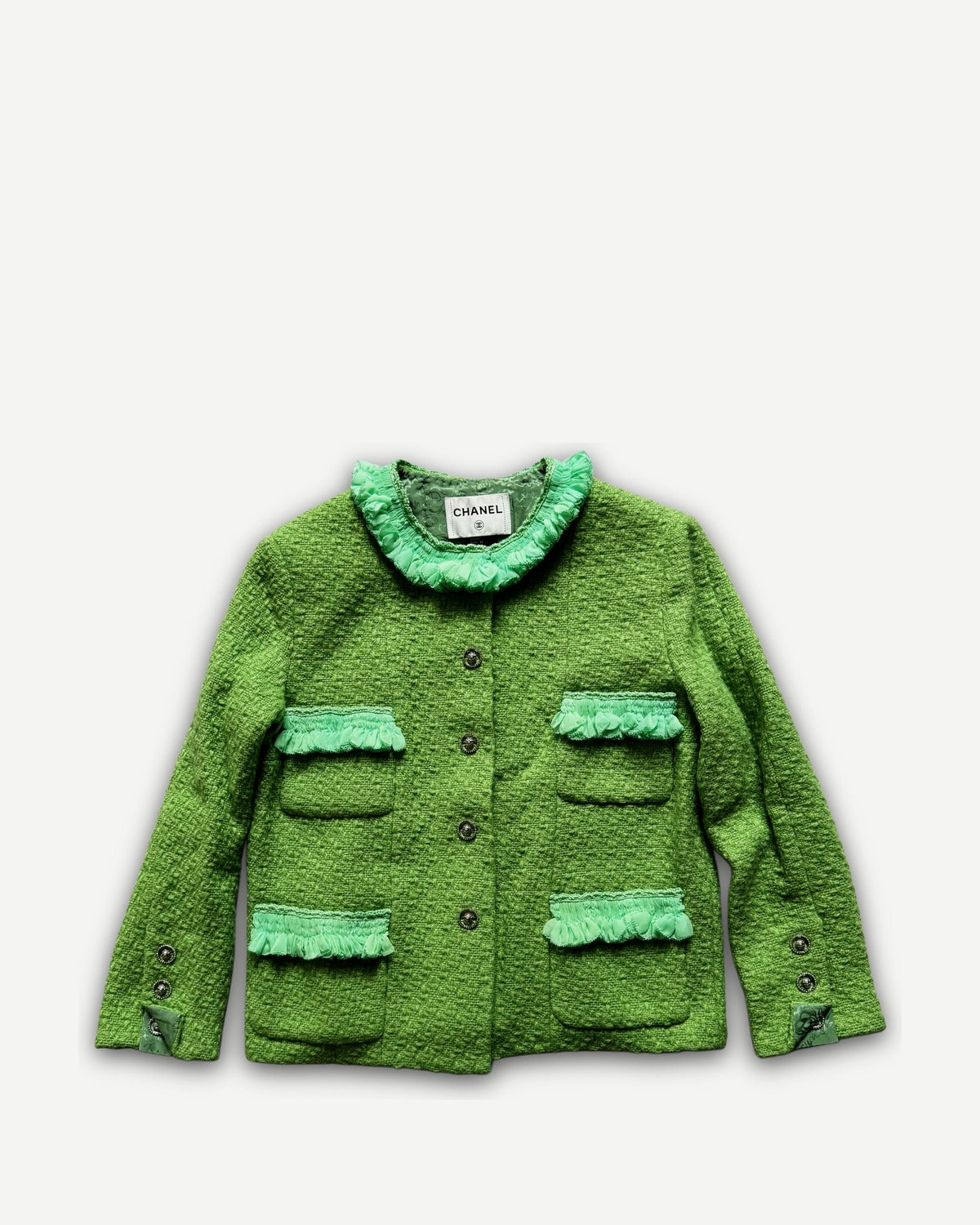 Chanel 2025 Prototype Green Ruffled Boucle Jacket