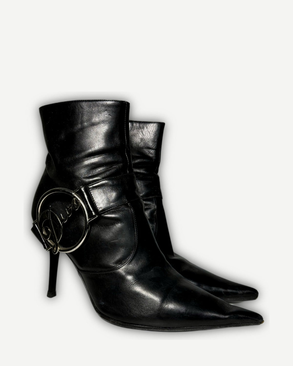 Christian Dior 2004 by John Galliano Metal Plate Buckle Black Leather Pointed Boots