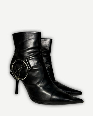 Christian Dior 2004 by John Galliano Metal Plate Buckle Black Leather Pointed Boots