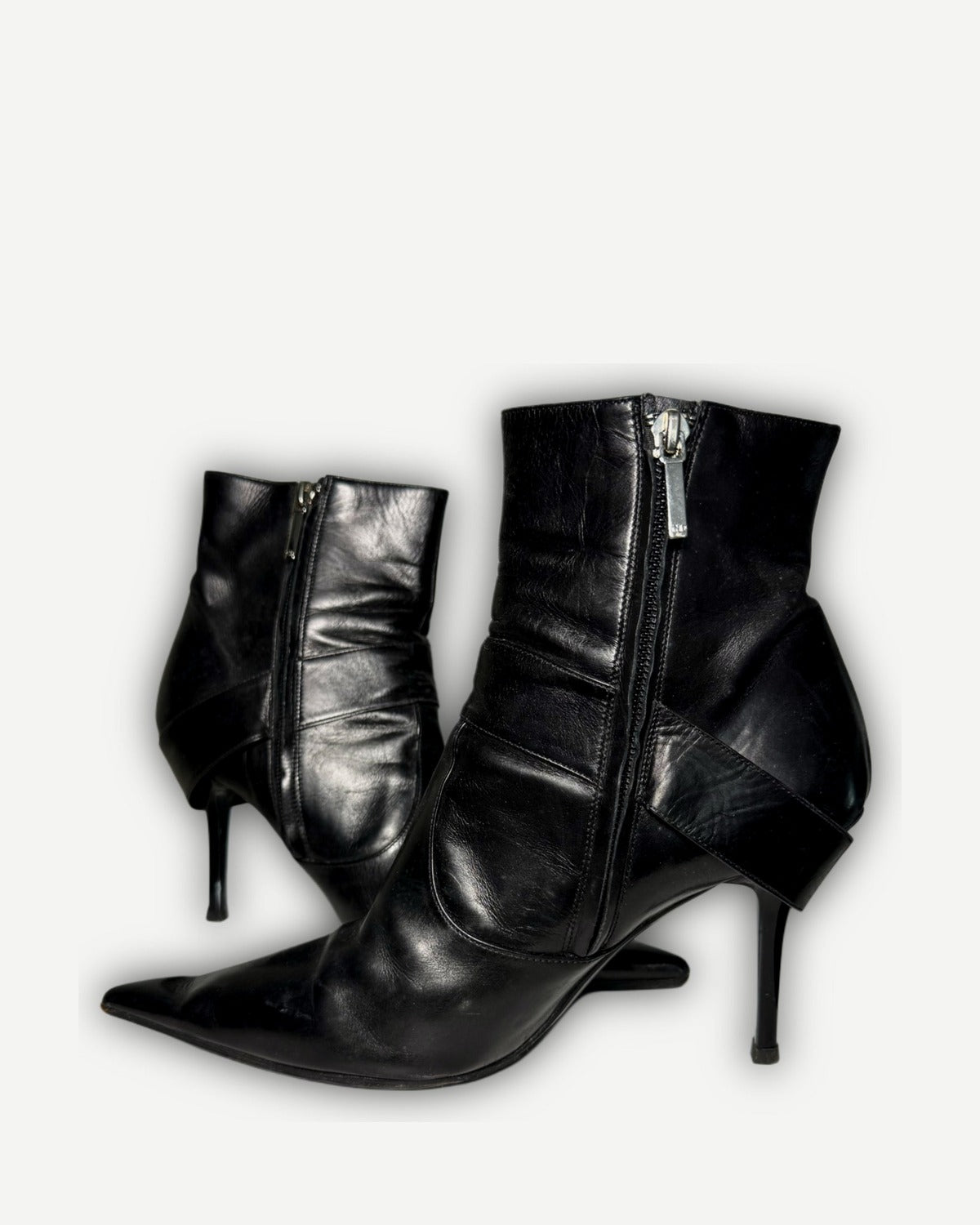 Christian Dior 2004 by John Galliano Metal Plate Buckle Black Leather Pointed Boots