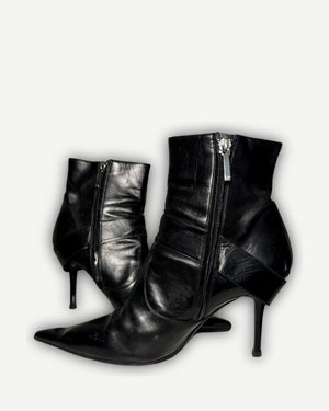 Christian Dior 2004 by John Galliano Metal Plate Buckle Black Leather Pointed Boots
