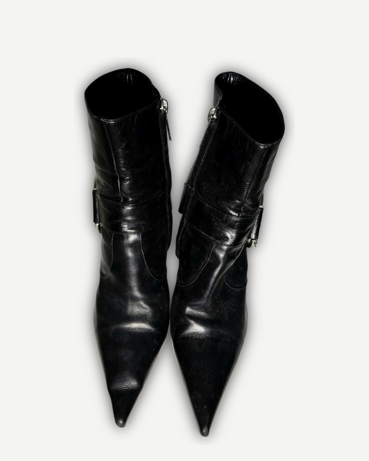 Christian Dior 2004 by John Galliano Metal Plate Buckle Black Leather Pointed Boots