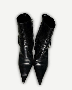 Christian Dior 2004 by John Galliano Metal Plate Buckle Black Leather Pointed Boots