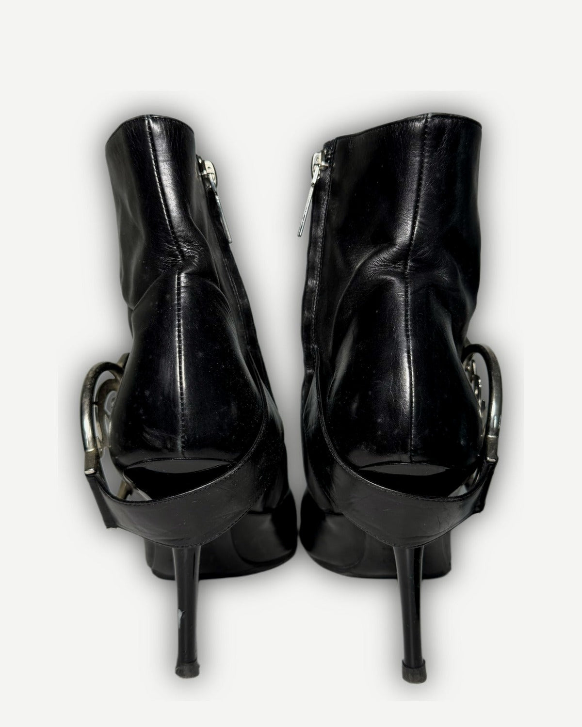 Christian Dior 2004 by John Galliano Metal Plate Buckle Black Leather Pointed Boots