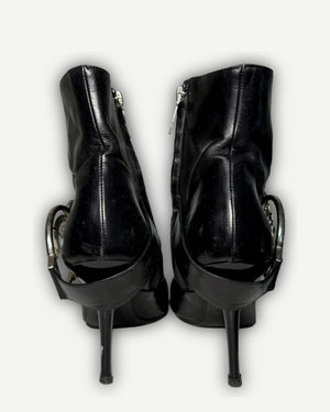 Christian Dior 2004 by John Galliano Metal Plate Buckle Black Leather Pointed Boots