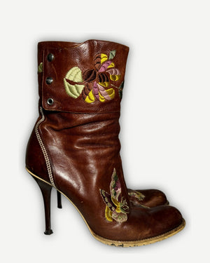 Christian Dior AW05 by John Galliano Floral Emboridered Heeled Leather Boots
