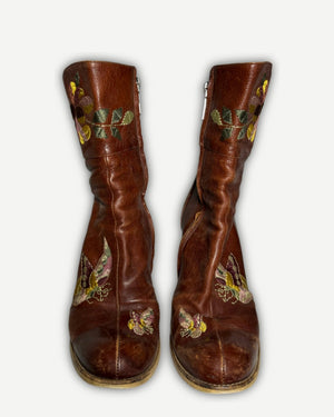 Christian Dior AW05 by John Galliano Floral Emboridered Heeled Leather Boots