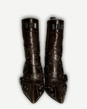 Christian Dior SS02 by John Galliano Studded Strapped Leather Heeled Boots