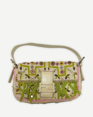 Fendi 2000s Floral Embellished Fringed Baguette Bag