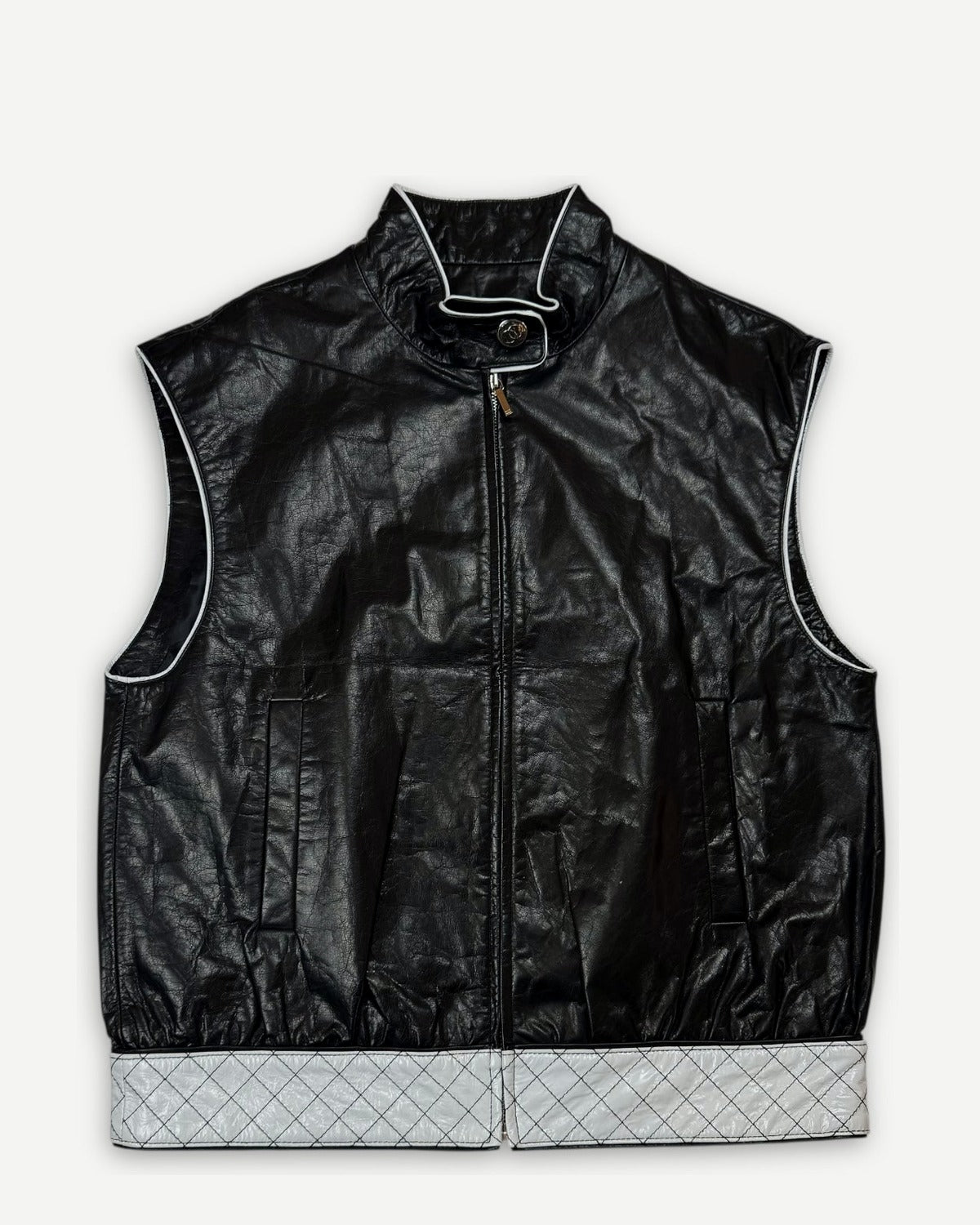 Chanel SS24 Oversized Black Leather Contrast Trimmed Racer Vest Sample