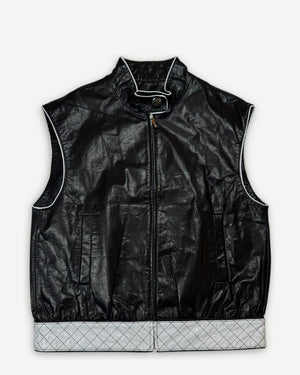 Chanel SS24 Oversized Black Leather Contrast Trimmed Racer Vest Sample