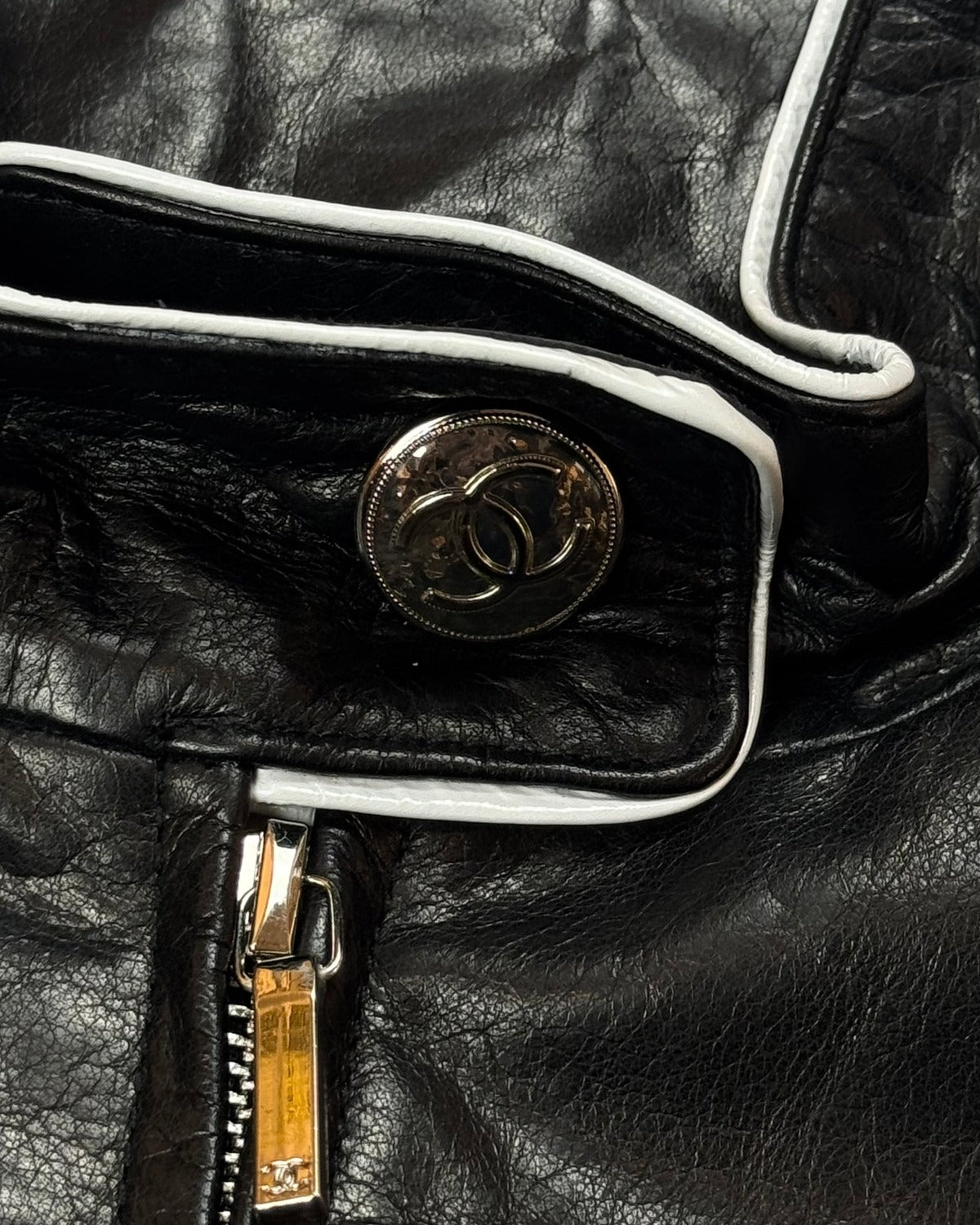 Chanel SS24 Oversized Black Leather Contrast Trimmed Racer Vest Sample