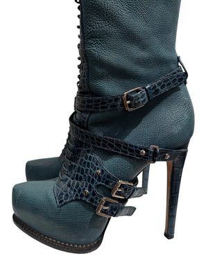 Christian Dior by John Galliano Croc Embossed Knee High Boots