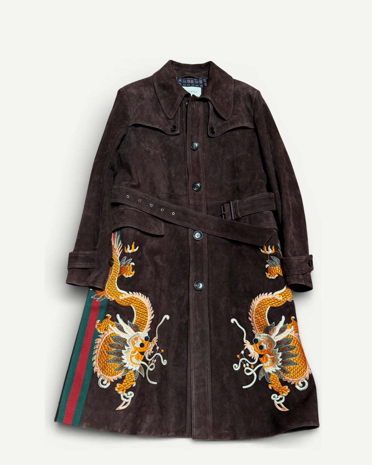 Gucci AW17 Dragon Embroidered Goat Suede Trench Coat