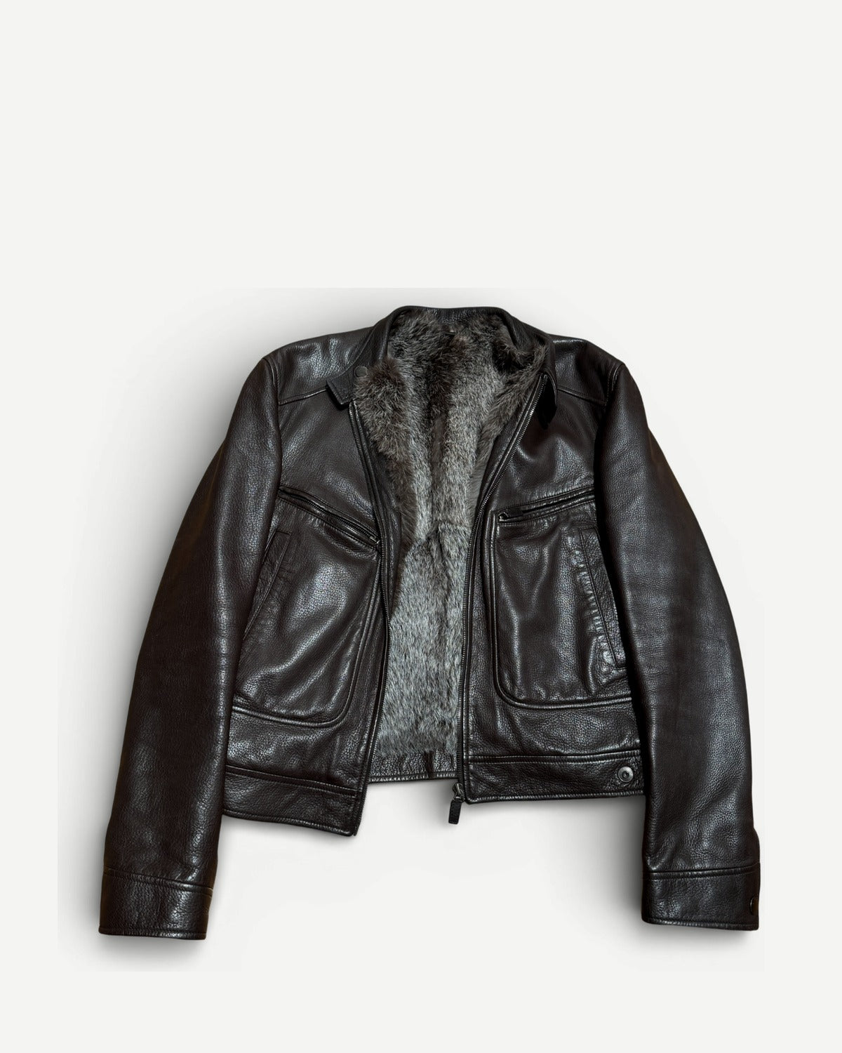 Gucci by Tom Ford 2000s Lapin Fur Gun Metal Leather Jacket