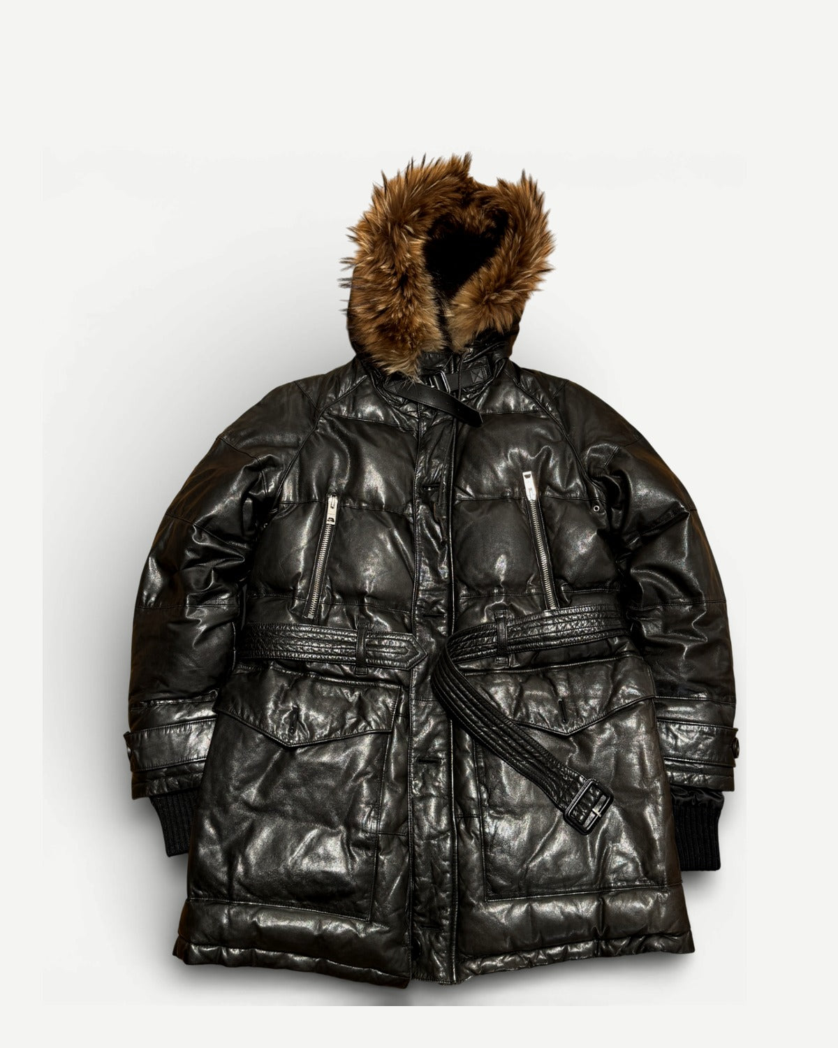 Burberry Prorsum by Christopher Bailey N3B Leather Belted Fur Hood Military Parka