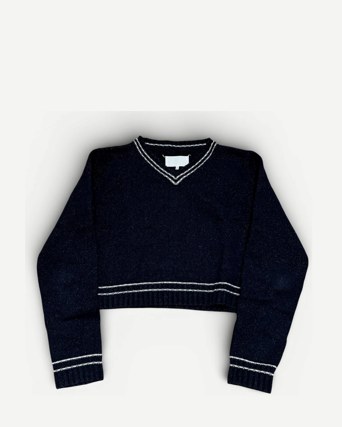 Maison Margiela SS20 Navy Metallic Varsity Cropped Knit Sweater
