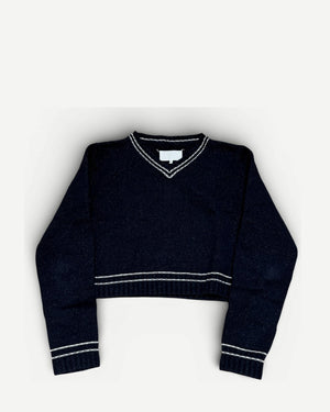 Maison Margiela SS20 Navy Metallic Varsity Cropped Knit Sweater