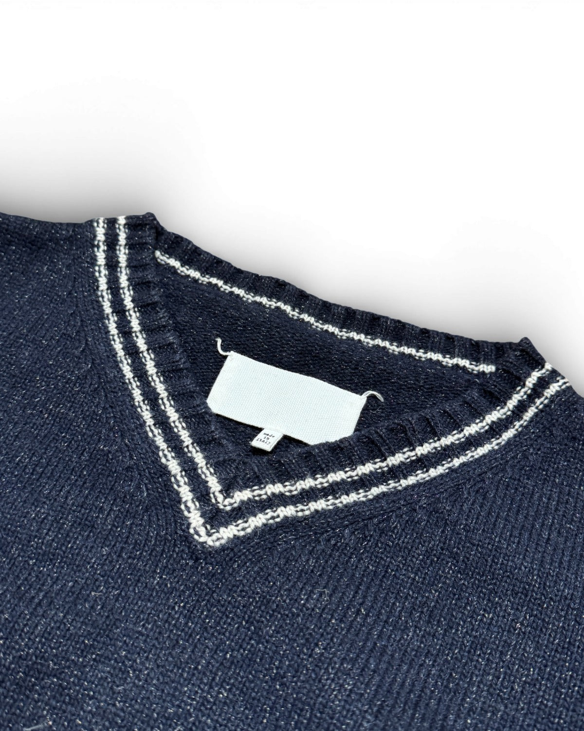 Maison Margiela SS20 Navy Metallic Varsity Cropped Knit Sweater