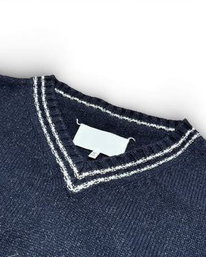 Maison Margiela SS20 Navy Metallic Varsity Cropped Knit Sweater