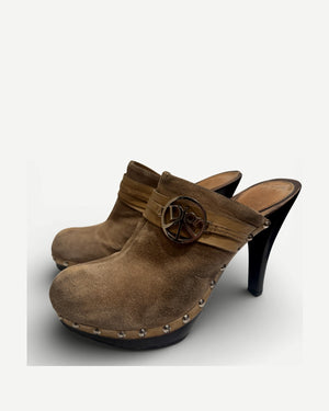 Christian Dior SS05 by John Galliano Suede Peace Logo Heeled Mules