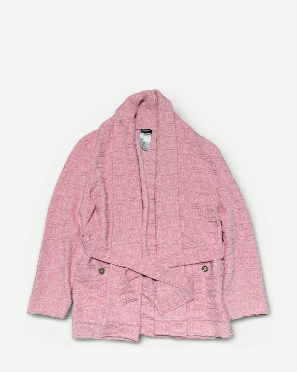Chanel 2025 Cruise Pink Oversized Terry Cloth CC Logo Belted Shawl Cardigan Sample