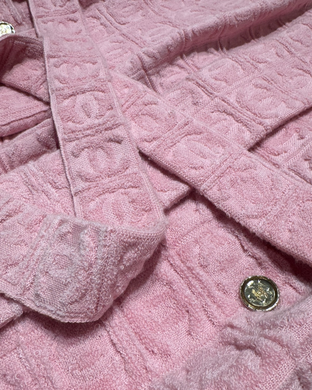 Chanel 2025 Cruise Pink Oversized Terry Cloth CC Logo Belted Shawl Cardigan Sample