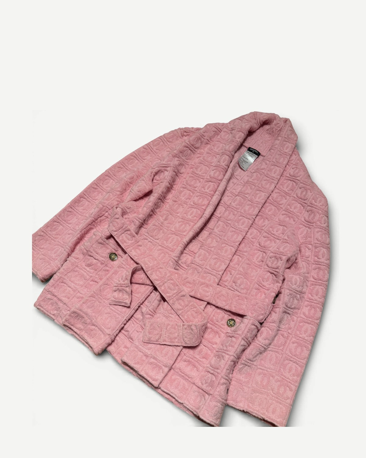 Chanel 2025 Cruise Pink Oversized Terry Cloth CC Logo Belted Shawl Cardigan Sample