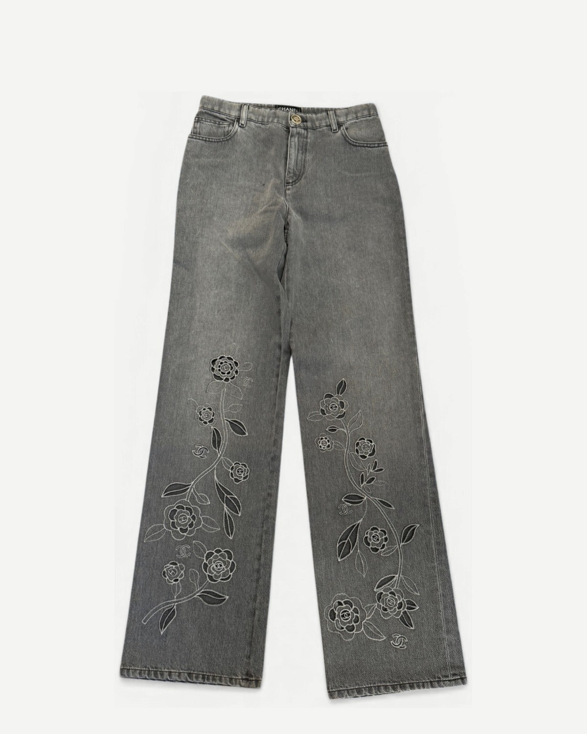 Chanel SS24 Embroidered Floral Cut Out Flared Grey Denim Sample