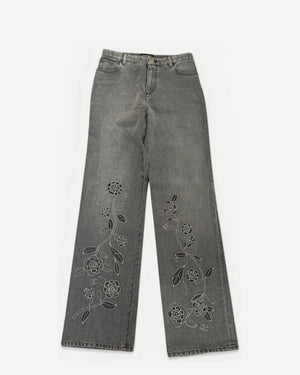 Chanel SS24 Embroidered Floral Cut Out Flared Grey Denim Sample
